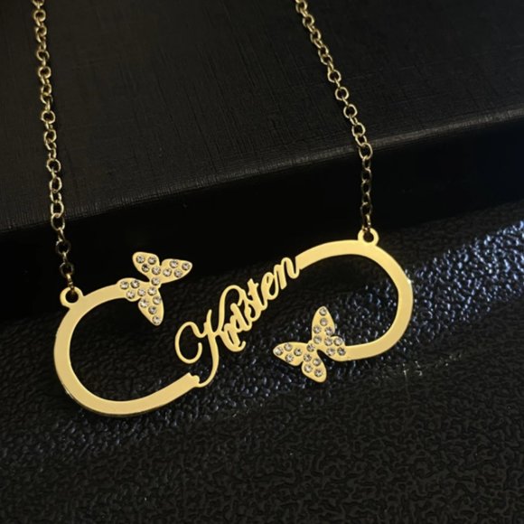 Custom Name Butterfly Necklace Infinity Shape Diamond Stainless Steel Metal - Picture 1 of 4